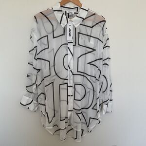 DKNY Logo Print Sheer Button Up Chiffon Shirt Top 1X White Black Whimsy Coastal